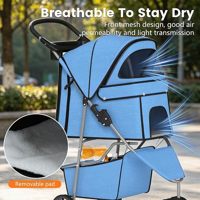 BestPet | 3-Wheel Pet Stroller | Blue | Foldable Dog and Cat Stroller | Breathable Mesh | Lightweight, Waterproof Travel Carrier with Cup Holder & Storage Basket | for Daily Walks & Outdoor Use