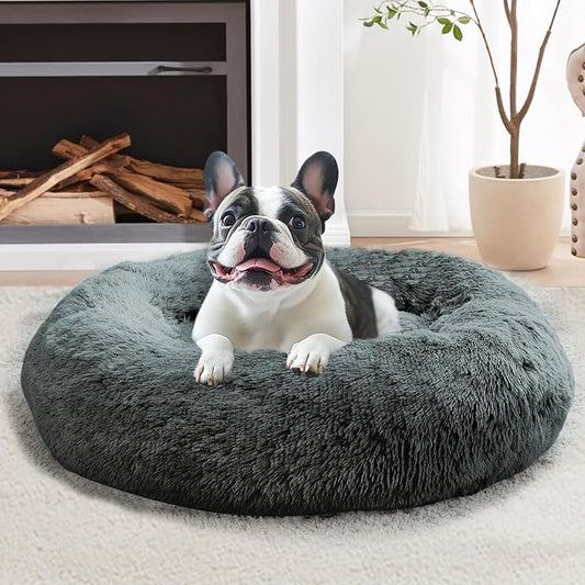 JOLLYVOGUE Calming Dog Bed Medium Size Dog, Anti-Anxiety Donut Medium Pet Bed, 27 inches Fluffy Faux Fur Round Cat Bed (Navy Grey)
