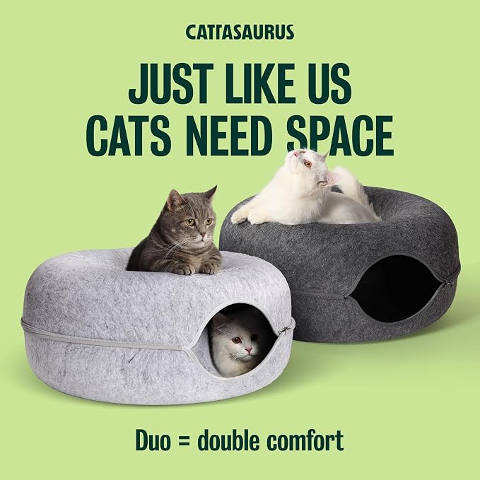 Peekaboo Cat Cave Donut for Multiple & Large Cats up to 30-45 lbs, 3-in-1 Self Warming Cat Bed, Tunnel & Scratcher for Indoor Cats, Washable & Detachable (Light Gray + Dark Gray, Large)