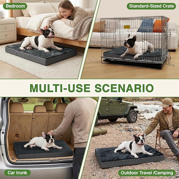 Waterproof Small Dog Bed Crate Pad 24", Washable Orthopedic Puppy Cat Mat | Outdoor Pet Bed Foam, Reversible Faux Leather & Flannel, Durable Removable Cover, Anti-Slip Kennel Pad 23"x17" Dark Gray