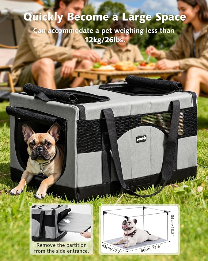 Pecute Cat Carrier, Soft Double Pet Crate for 2 Cats Travel, Gray | 5mm Anti-collapse Frame, Convertible Dual Space, Foldable, Polyester Breathable mesh, Up to 26 lbs, Car Travel & Vet Visits