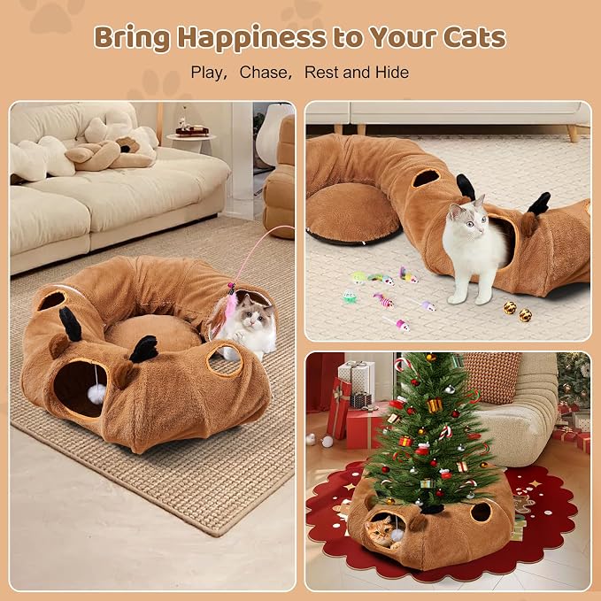 Cat Tunnel Bed with 20 Pcs Interactive Toys, 3-in-1 DIY Collapsible Plush Cat Tube with Washable Mat, Large Indoor Play Tunnel Cave for Kittens and Small Animals
