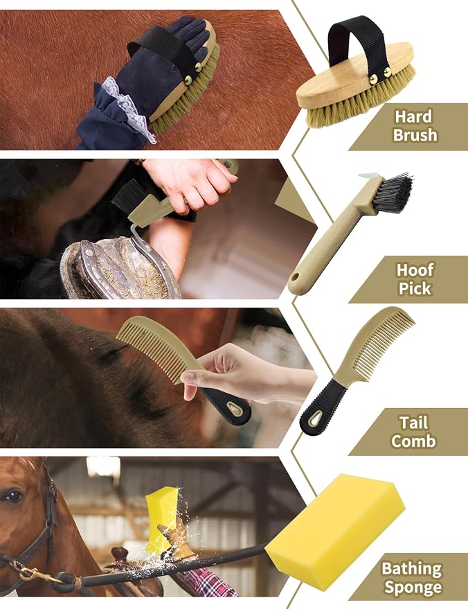 Professional 10 Pieces Horse Grooming Kit with Tote Bag, Horse Brush & Curry Comb Set for Effective Grooming and Bathing, Equine Coat Care Tack Room Supplies, Horse Gifts for Girls
