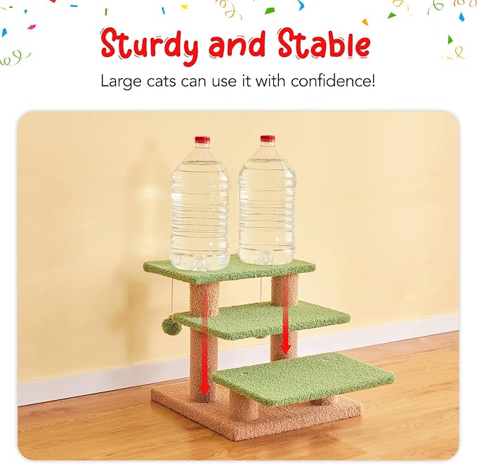 15''H Green Multi-Step Pet Stairs for High Beds & Sofas, 3-Step Cat Stairs with 2 Toy Balls, Wide Boards for Indoor Kittens Dogs Pets Climbing