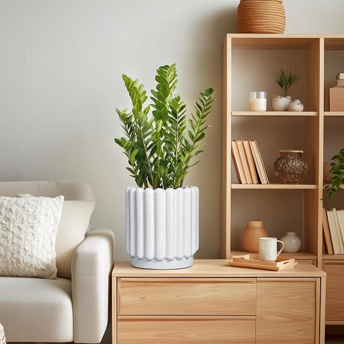 Ceramicfor Ceramic Planter, 7.6 Inch, White | Indoor Plants, Outdoor Use, Drainage Hole, Fluted Modern Design, Round Flower Pot