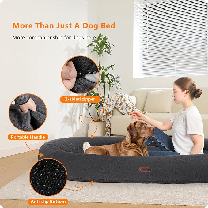Human Dog Bed for Adult, Orthopedic Gel Memory Foam, 71"x47"x9" | Human Dog Bed Fits Adult & Pets, Reversible Egg-Crate Foam Cushion, Washable Pet Bed with Blanket, Black Grey