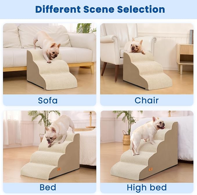 Dog Steps for Bed and Couch, Pet Stairs for Small Dogs and Cats, Khaki | High-Density Foam Support and a Stable 4-Step Ramp Design for Easy Access to Beds and Sofas,H 17.7in