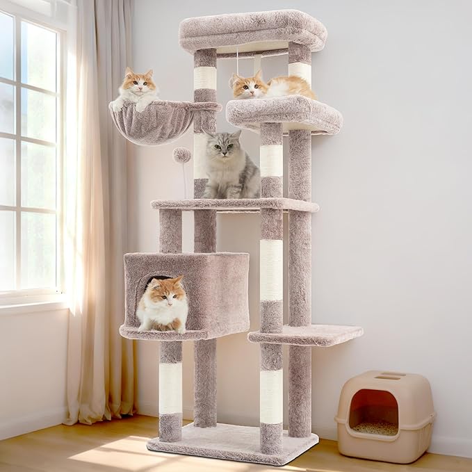 Gitelsnour Cat Tree for Indoor Cats, 55.1 inch Cat Tower with 7 Sisal Scratching Posts, Multi-Level Cat Condo wit Large Play Platform Furry Ball, Cat Cave, 2 Padded Perches, Basket, Mushroom GCT013MU
