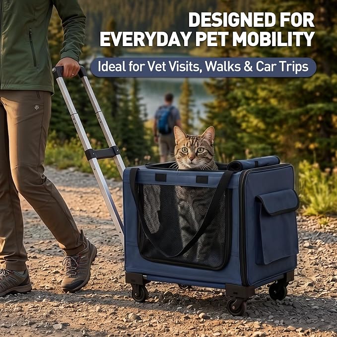 Rolling Cat Carrier with Wheels, 16.5 x 13 x 11.8 in, Navy Blue | Expandable soft-sided carrier with detachable wheels, telescopic handle and breathable mesh for cats and small dogs
