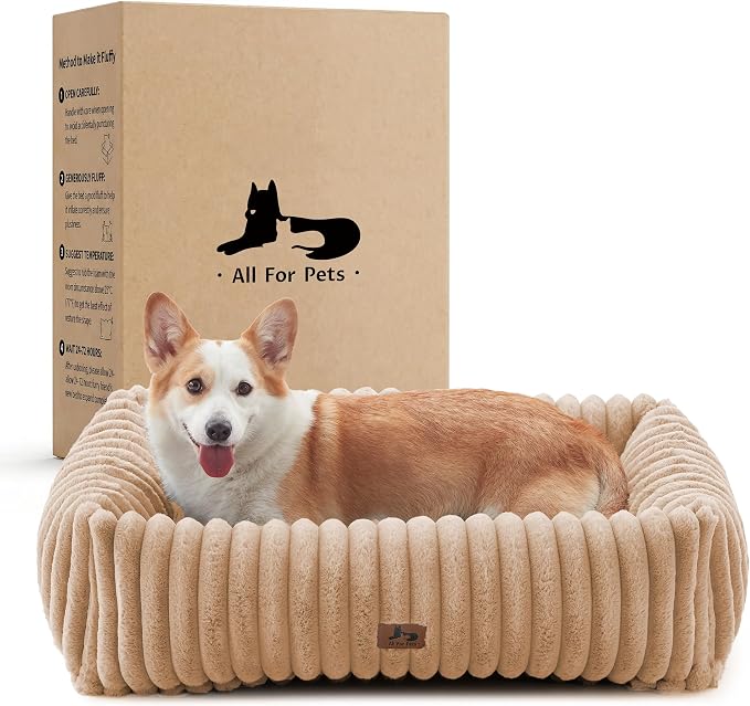 Dog Bed Medium Size Dog, Rectangle Orthopedic Pet Bed for Car and Indoor, Comfort Fluffy Memory Foam Dog Beds with Anti-Slip Bottom, Camel(30x24x8inchs)