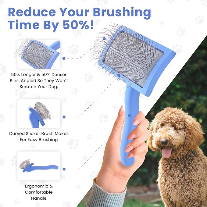 We Love Doodles Medium Curved Slicker Brush and Scissors Kit- Soft Pin Goldendoodle Brush and Dog Scissors - for Dematting & Shedding - Made in USA