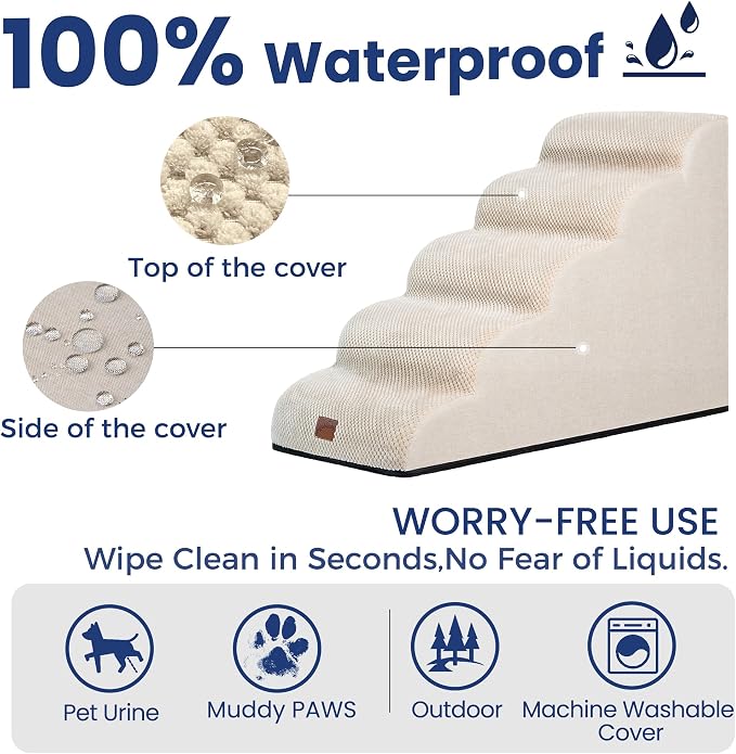 GoGoBunny Ramp Dog Stairs for High Beds 24.4" H, 5-Step Extra Wide Dog Slope Stairs with Durable Waterproof Fabric Cover, Pet Steps for Old Large Dogs Climbing, Non-Slip Sturdy Indoor Step, Beige