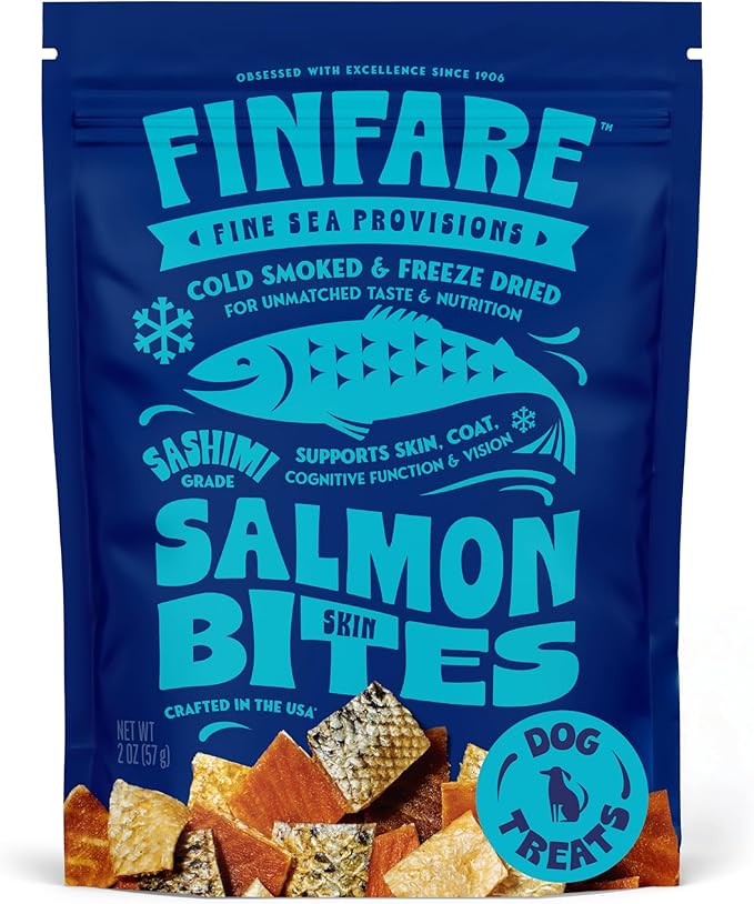 Finfare Freeze Dried Salmon Skin Treats for Dogs, Protein & Omega-3s, Grain Free Salmon Dog Training Treats, Crafted in USA, Bites - 2oz