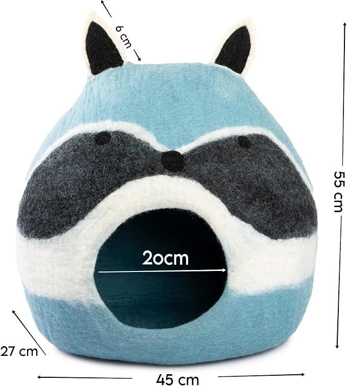 Luxurious Merino Wool Cat Cave - Foldable Hideaway Pod for Indoor Cats - Premium Felt Kitten Pet Enclosure - Covered Cat House for Ultimate Cozy Comfort by Woolygon (Racoon)