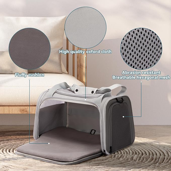 PETSFIT Cat Carrier, Grey, Small and Medium Cats Under 12 Lbs | Airline Approved, Soft Carrier, Soft Cat Travel Bag, Kitten Carrier with Extendable Mat
