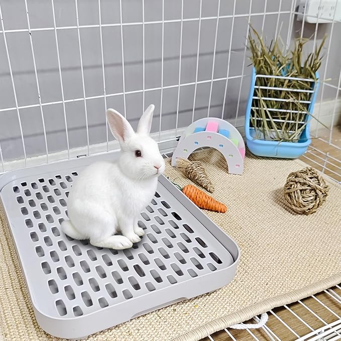kathson Rabbit Litter Box, Bunny Potty Trainer Tray Guinea Pig Litter Box with Grid, Small Animal Toilet for Bunny Guinea Pigs Ferret Cats Chinchilla (Grey, Large)
