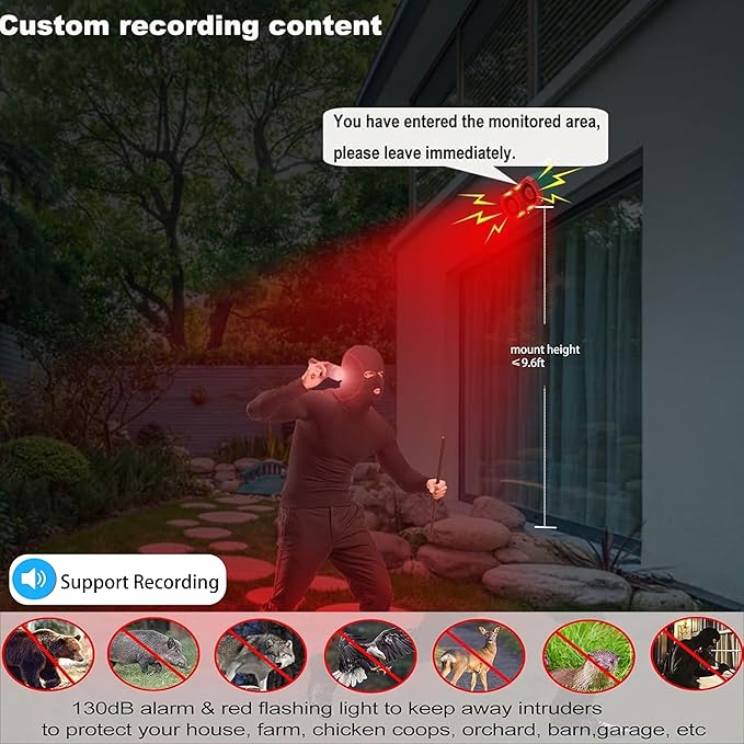 Solar Outdoor Motion Sensor Alarm, 2 * 130db Motion Detector Alarm Light, Support Recording & Adjustable Volume, Motion Activated Barking Dog Alarms for Home,Barn,Orchard,Farm,Villa