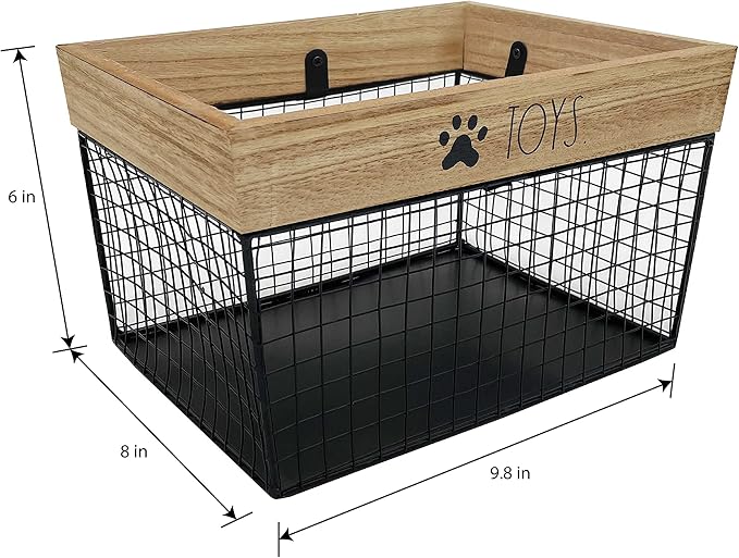 SmartSniffs Pet Toy Storage - Metal & Wood Dog & Cat Toy Bin - Organizer for Accessories, Leash, Blanket, Food - Container Baskets for Dogs & Cats, 9.75" x 8" x 6