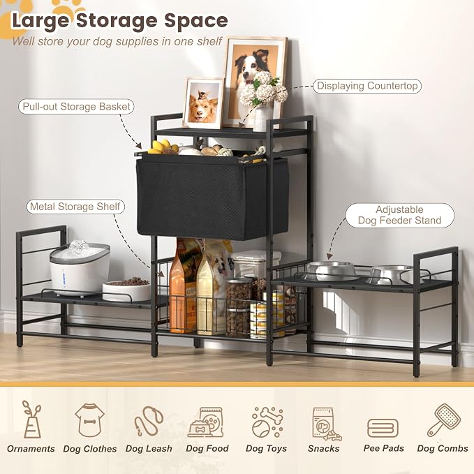 Elevated Dog Bowl Stand with 2 Feeding Stations, Adjustable Raised Feeding Station Cabinet with Toy Bin Basket, Lifted Food and Water Bowl Holder, Pet Storage Organizer for Large Medium Small Dogs