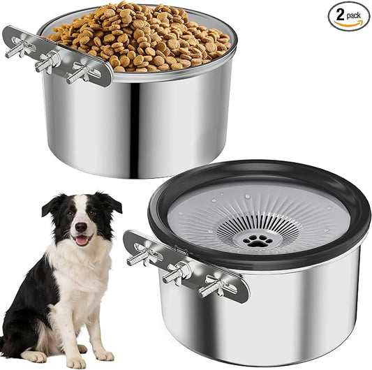 2 Pcs No Spill Dog Water Bowl for Crate, 2.5L Stainless Steel Hanging Kennel Bowls with Adjustable Height, Anti-Splash Water & Food Bowl Set for Cage Kennel Crate, Medium Large Dogs (Black)