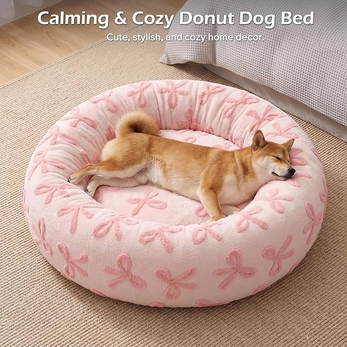 JOEJOY Jacquard Donut Round Dog Beds Medium Sized Dog,Pink 30x30x8in, Removable Washable Cover, Cute Pattern, Ultra Soft Fluffy Calming Pet Bed with Thick Supportive Bolster