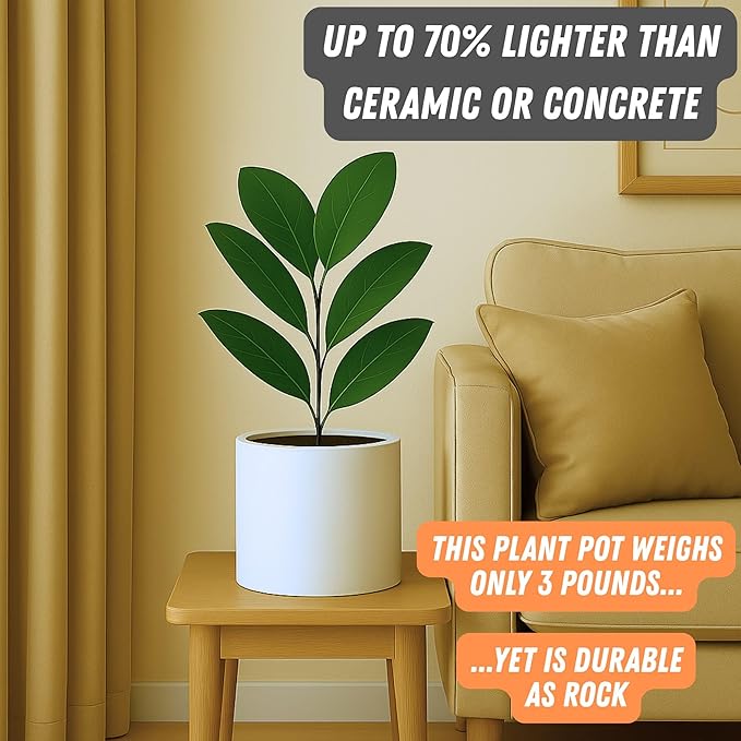 Fox & Fern Large Indoor Planter, Modern Large Plant Pot for Indoor or Outdoor, UV and Frost Resistant - 8 Inch, Matte White Flower Pot with Drainage Plug, Lightweight