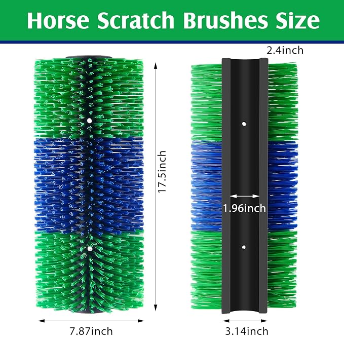 3 Pack Livestock Scratching Brush, Blue and Green | Animal Scratcher, Itch Relief Grooming, Horse Goat Cow Scratcher, Fence Post Mounting, Durable Bristles, Farm Livestock Care