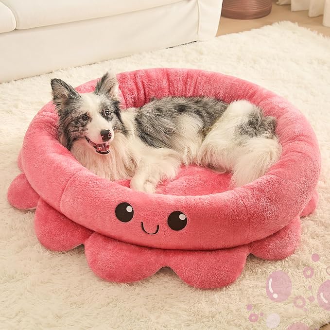 Cute Calming Dog Beds Clearance for Large and Extra Dogs, Anxiety Bolster Dog Bed with Octopus Shape, Pink, Red, XL, Boho, Round Pet Bed Cat with Removable Cushion