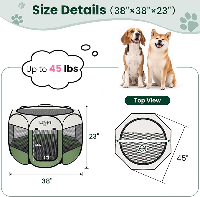 Love's cabin Pet Puppy Dog Playpen, Large Dog Tent Crates Cage Indoor/Outdoor, Portable Playpen for Cat, Foldable Pop Up Dog Kennel Playpen with Carring Case, Removable Zipper Top, Olive Green