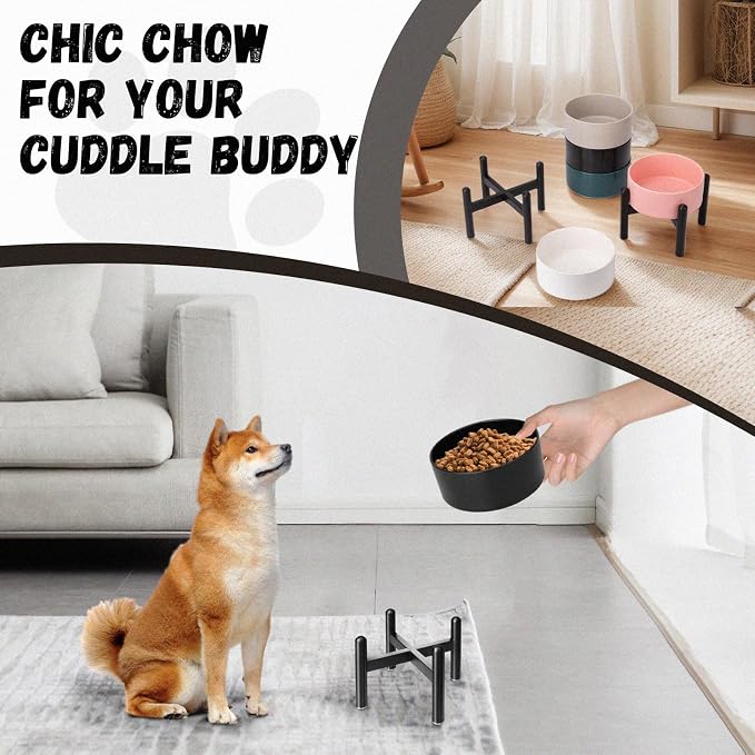 Raised Ceramic Dog Bowl Set with Stand, 2 Cups Elevated Dog Food Stand | 6.1'' Single Dog Food or Water Bowl Set, Non-Slip Dog Feeding Dishes for Small to Medium Breeds, 28.75 OZ, Green