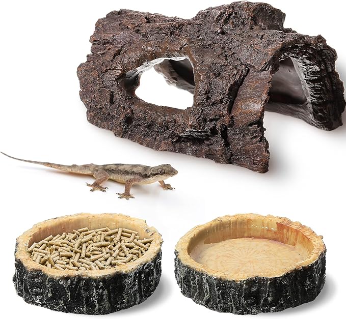 Reptile Hide & Food Bowls - Lizard Resin Hollow Tree Trunk Hideout, Bearded Dragon Tank Accessories - Water Dish Habitat Tank Decoration for Lizards, Snake, Gecko - 3 Pcs (Brown Rock)