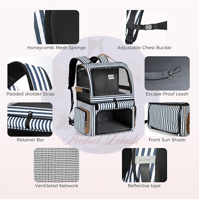 Double Cat Backpack Carrier for 2 Cats, Double-Compartment Pet Carrier Backpack for 2 Small Cat or One Medium Cat, Cats Carrier Backpack Dog Carrier Backpack Fits Up to 24 Lbs,Blue Striped
