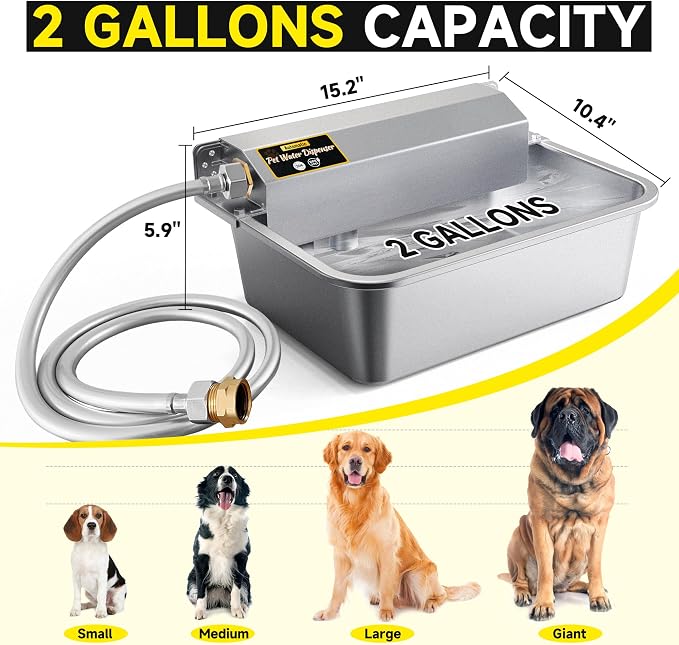 Automatic Water Dispenser for Dogs, 2 Gallon 304 Stainless Steel Large Dog Water Bowl Dispenser for Indoor/Outdoor, Pets & Livestock Self-Filling Waterer, Fits GHT 3/4" Faucet, Easy to Clean