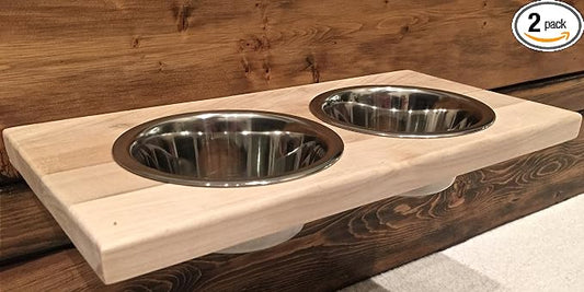 Chic, Floating, Wood, Height-Flexible Wall Mount Dog/Cat/Pet Food & Water Bowl Holder/Feeder, 2 S.S. Dishwasher-Safe Bowls (~ 1 Quart / 32 oz / 900 ml) for Mid-Size Pets. 2-Screw Installation.