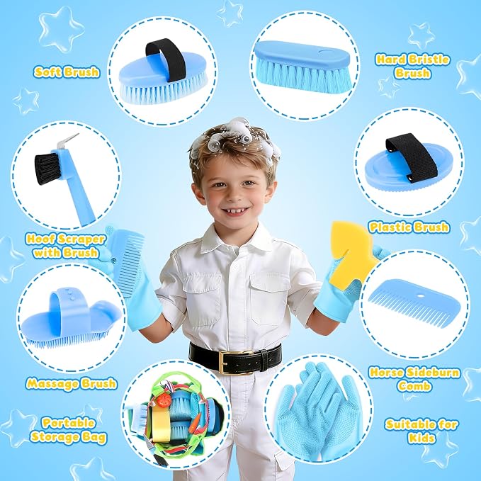 deAO Horse Grooming Brush Kit 12Pcs Horse Tack with Tote Bag,Care Tool,Blue | Realistic Horse Cleaning Playset,Includes Gloves,Tail Comb,Body Brush,Gift for Horse Riders Beginners,for Boys Girls Ages3+