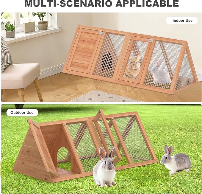 Small Chicken Coop, Rabbit Hutch Outdoor, Wooden Triangle Rabbit Cage with 2 Door & Poultry Run, Portable Bunny Hutch for Chicken, Rabbit, Guinea Pigs, Hedgehog, Small Animals (Natural Wood)