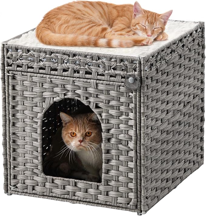 SETVSON Cat Houses for Indoor Cats Extra Large Double Cat Cave, Gray | Spacious Multi-Cat House, Furniture End Table Look, Soft Washable Cushion, Sturdy Metal Frame, 18.5x20.5x19.1 In Woven Cube