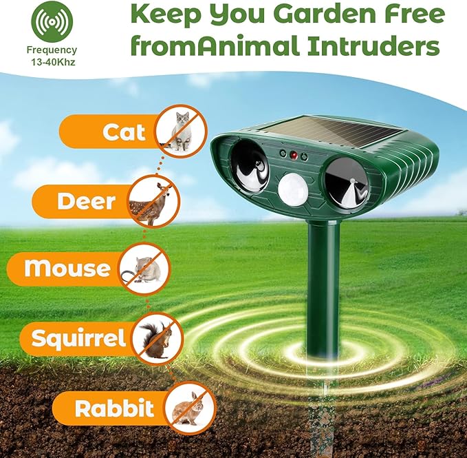 4 Pack Solar Ultrasonic Animal Repellent Outdoor Deer Repellent Devices Cat Repeller Raccoon Deer Deterrent for Squirrel, Rabbit, Dog, Waterproof with Motion Detector for Yard