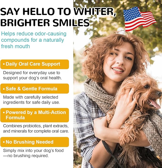 Dog Teeth Cleaning Powder, Dental Powder for Dogs Teeth Cleaning and Breath Fresh, Bad Breath Fresher & Tartar Remover with Enzyme, Probiotics. Plaque Off Pet Tooth Cleaning 120 Grams 60 Servings