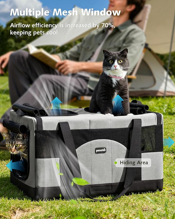 Pecute Cat Carrier, Soft Double Pet Crate for 2 Cats Travel, Gray | 5mm Anti-collapse Frame, Convertible Dual Space, Foldable, Polyester Breathable mesh, Up to 26 lbs, Car Travel & Vet Visits