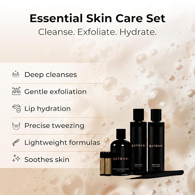 Golden Grooming Co. Essential Skincare Set for Men | Complete Face & Body Care Kit with Face Wash, Exfoliating Scrub, Body Wash, Tweezers & Lip Balms