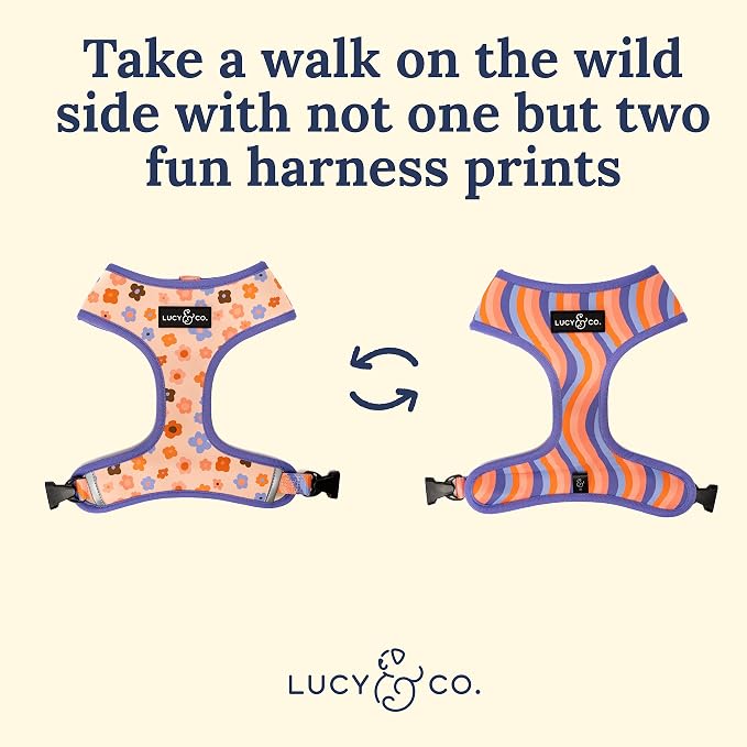 Lucy & Co. Reversible Dog Harness - Water-Repellent Neoprene, Dual-Print Design, Easy Swap Style, Adjustable Comfort Fit - Let's Groove Reversible Harness - X-Large