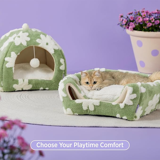 Lesure 2in1 Cute Cat House for Kitten with Washable Cushioned Pillow,17.3in | Cat Beds for Indoor Cats,Small Pet Cave Tent,Cozy Enclosed Foldable Hideaway,Fluffy Ball,Anti Slip Bottom,Hand Strap,Green