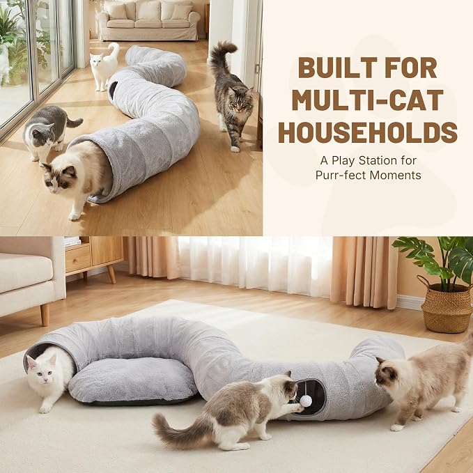 Extra Large Cat Tunnel, 47.2in Multi-Cat Family Big Cat Tunnel for Cats | Long Cat Tunnel Bed with Washable Plush Mat, XXL Pet Play Tunnel Toy for Cats, Puppy, Rabbits Grey