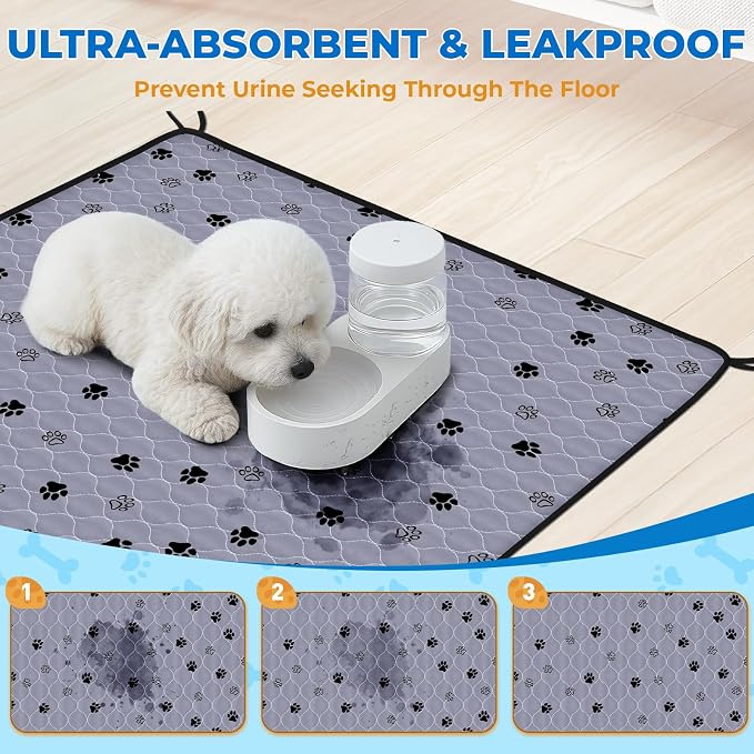 Fostanfly Washable Pee Pads for Dogs, Ultra-Absorbent, 2 Pack 36"x41" Gray | Leak-Proof, Waterproof, Non-Slip, Large Reusable Pee Pads for Puppy Potty Training, Crate and Playpen with 8 Tie Straps