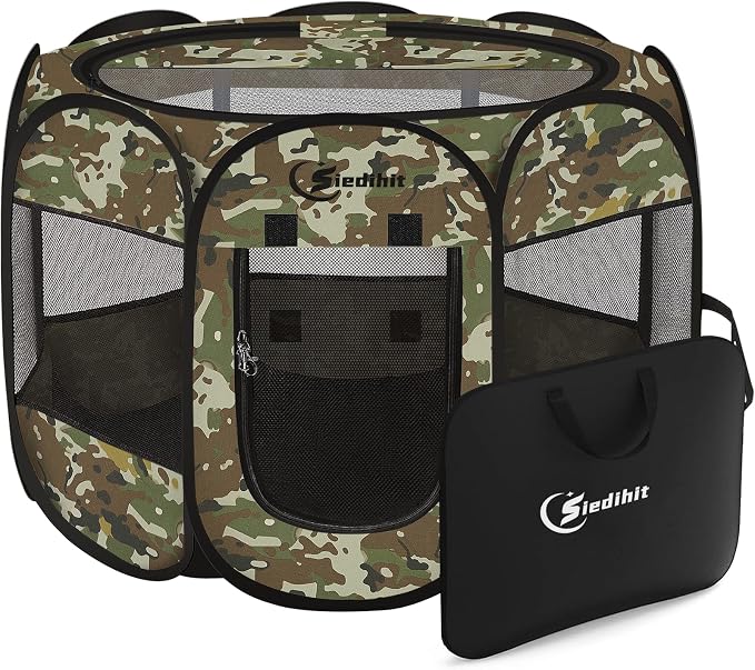Siedihit Playpen for Small Dog Cat, Dogs Tent Crate Cage Indoor | Outdoor, Portable Pop Up Dog Kennel with Carrying Bag for Rabbits (Green Camo, Small)