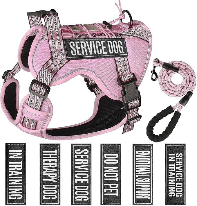 Service Dog Tactical Vest Harness and Leash Set Small Sized Dog Emotional Support- Tactical Dog Harness Training Collar with Name (Pink, S) ﻿