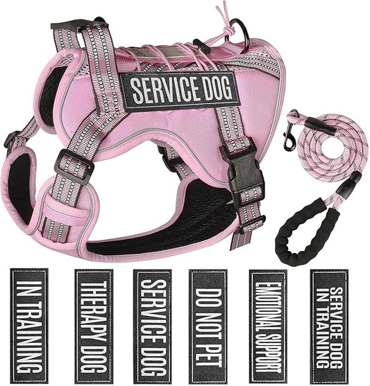 Service Dog Tactical Vest Harness and Leash Set Small Sized Dog Emotional Support- Tactical Dog Harness Training Collar with Name (Pink, S) ﻿