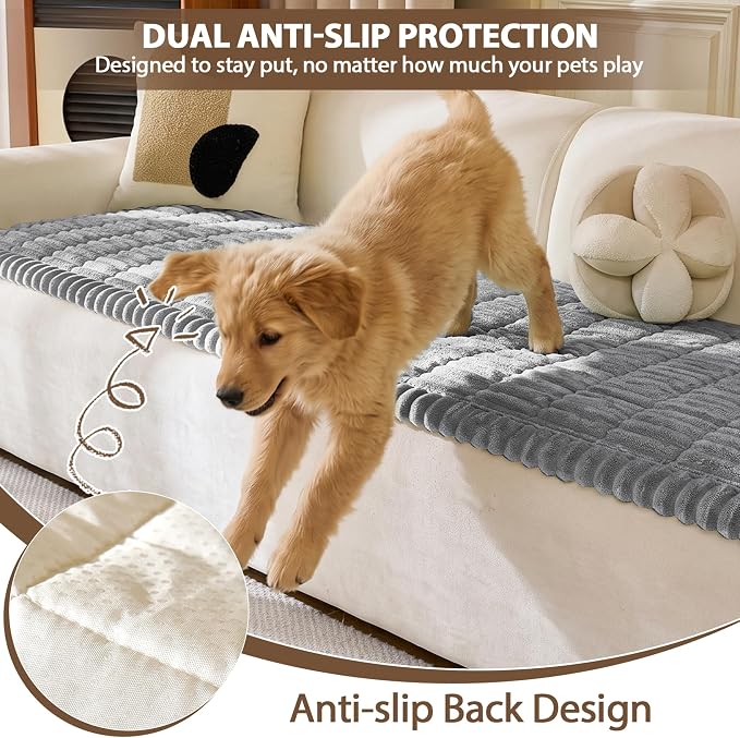 FUANGUI Waterproof Couch Cover Sofa Cover for Dogs and Pets Sofa Protector | Non-Slip Washable Fuzzy Soft Cat Bed Sofa Slipcover for 2-3 Cushion Couch Sofa Pet Friendly, Grey, 27.6" x 82.7", 1 pcs