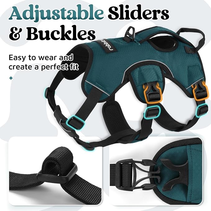 rabbitgoo Escape Proof Dog Harness for Large, No Pull with Lift Handle | No Escape, Full Soft Padded, Reflective Adjustable Vest, Leash Clip for Walking Hiking Training, Dark Green, Large